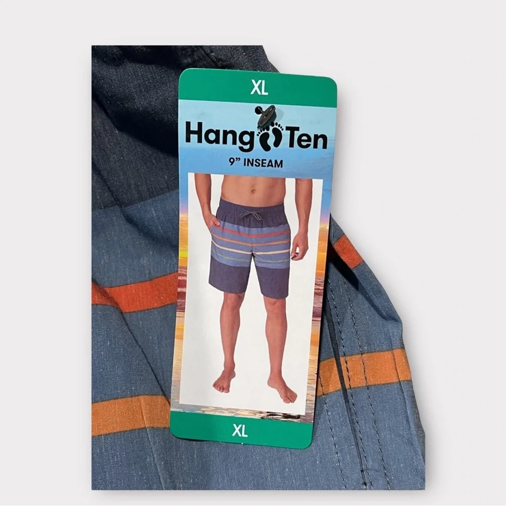 Hang Ten Mens Swim Trunks Dark Blue Striped 9 Inch Inseam XL‎ New With Tags